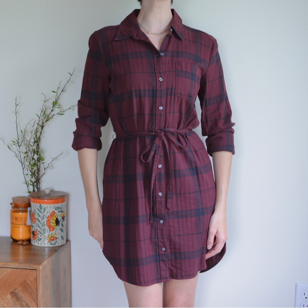 Abercrombie & Fitch Long Sleeve Tie Dress Maroon Burgundy Navy Plaid XS